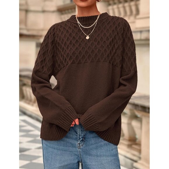 Women Oversized Cable Knit Sweater Chunky Long Sleeve Crewneck Winter Top - Picture 2 of 8